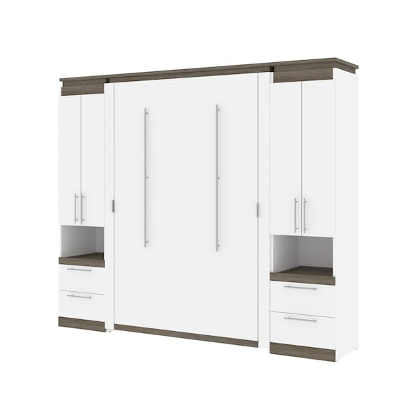 Orion 98W Full Murphy Bed and 2 Storage Cabinets with Pull-Out Shelves (99W), White & Walnut Grey